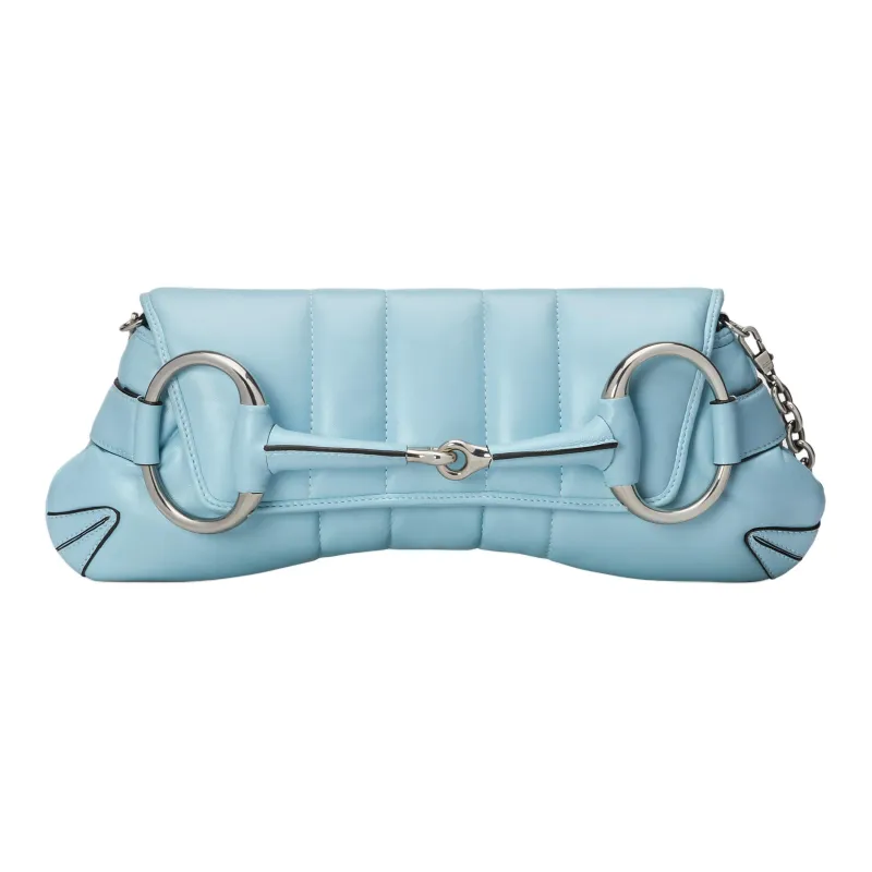 GUCCI HORSEBIT CHAIN Quilted Leather Shoulder Bag, Handheld Shoulder Bag Women's Light Blue-0