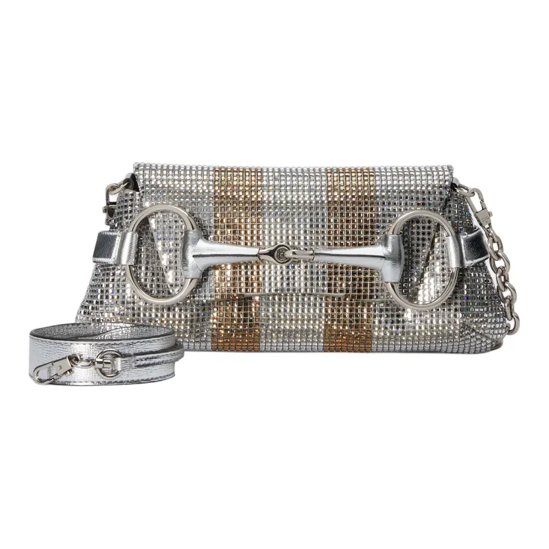 GUCCI Horsebit 1955 Silk Satin Handbag Shoulder Bag Women's Silver-1
