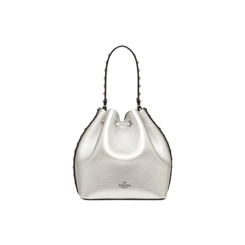 Valentino Rockstud Grained Calfskin Bucket Bag Handbag Shoulder Bag Crossbody Bag Women's Silver-4