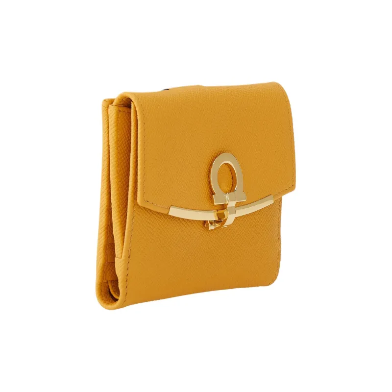 FERRAGAMO GANCINI Hammered Texture Calfskin Wallet Trumpets Women's Yellow-1