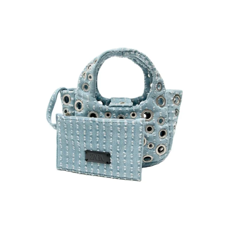 ZARA Cotton Handbag Shoulder Bag Crossbody Bag Small Size Women's Blue Denim-3