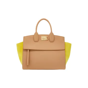 FERRAGAMO StudioGANCINI Calfskin Suede Handbag Medium Size Women's Light Camel With Yellow Accents