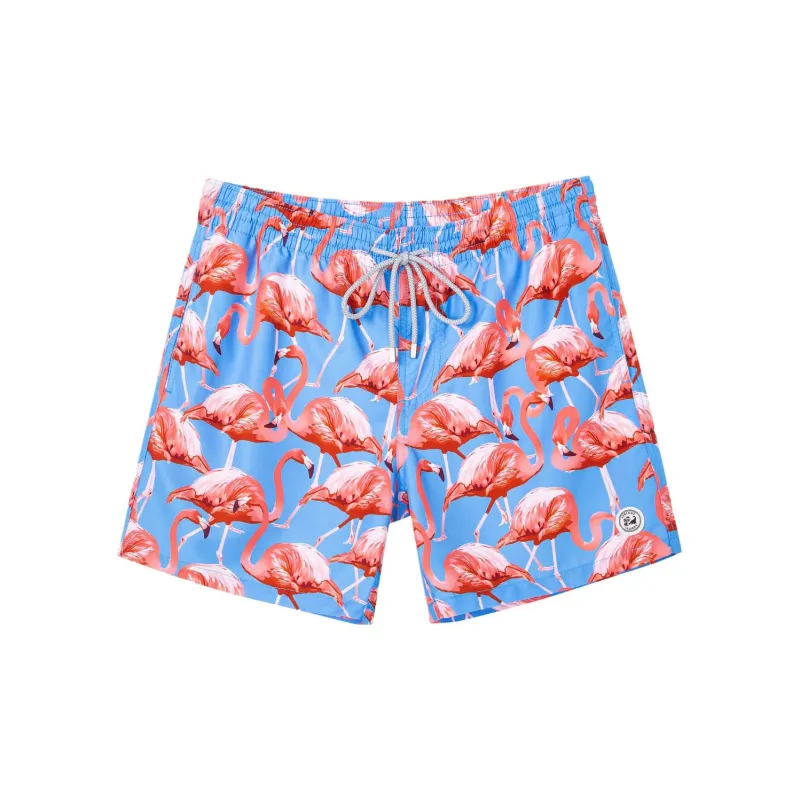 SURFCUZ Beach Shorts Men's Blue Background Flamingo-1