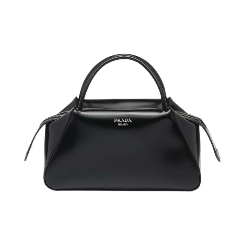 PRADA Brushed Leather Shoulder Bag Crossbody Bag Handbag Medium Size Women's Black-0