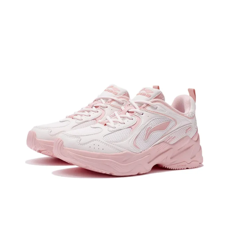 LiNing Cushioned Slip Resistant Abrasion Resistant Breathable Low Top Casual Running Shoes Women's White Pink-2
