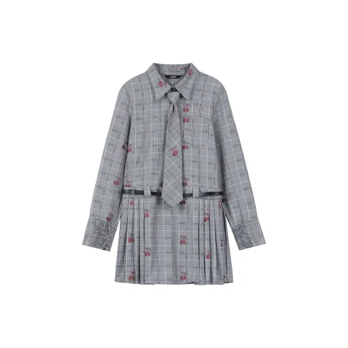 ELF SACK Long-Sleeved Dresses Women's Cherry Gray Plaid