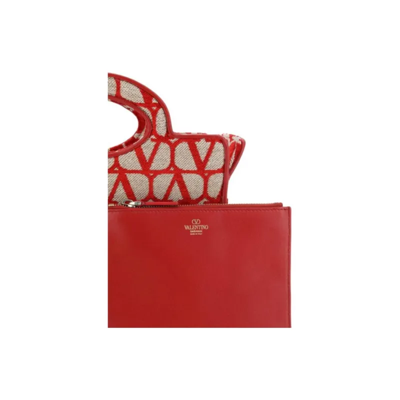 Valentino Vlogo Cotton Tote Handbags Shoulder Bags Women's Beige/Red-6