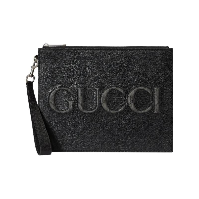 GUCCI Leather With Canvas Binding Clutch Men's Black-0