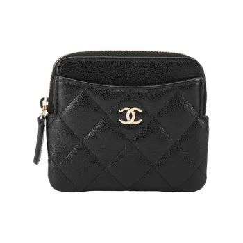 CHANEL Grained Cow Leather Clutches Card Holder Wallet Women's Black