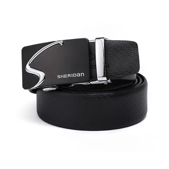SHERIDan Business Commute Alloy Automatic Buckle Cow Leather Belts Men's Black 3.5CM-1