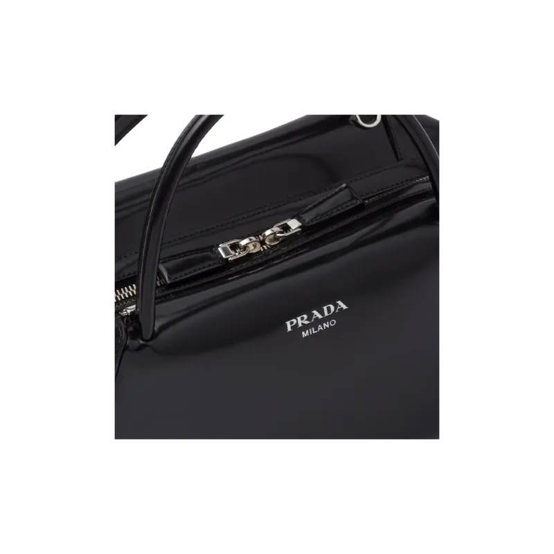 PRADA Brushed Leather Shoulder Bag Crossbody Bag Handbag Medium Size Women's Black-3