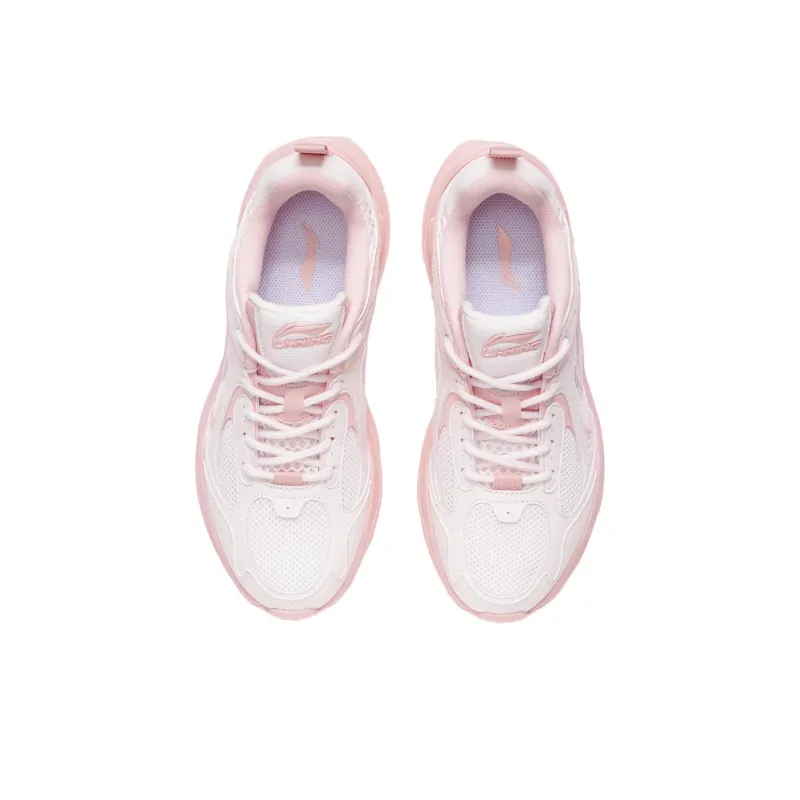 LiNing Cushioned Slip Resistant Abrasion Resistant Breathable Low Top Casual Running Shoes Women's White Pink-3