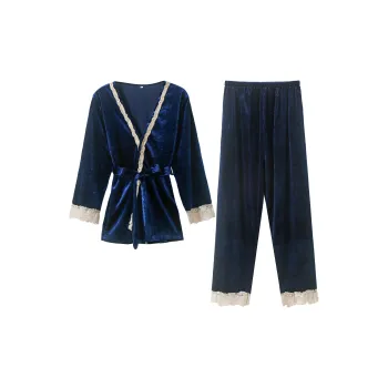 Flowers In Water Pleuche Pajama Set Women's Navy Blue