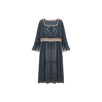 Flowers In Water Pleuche Nightgown Home Dress Women's Gray Blue