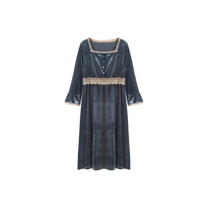 Flowers In Water Pleuche Nightgown Home Dress Women's Gray Blue-0
