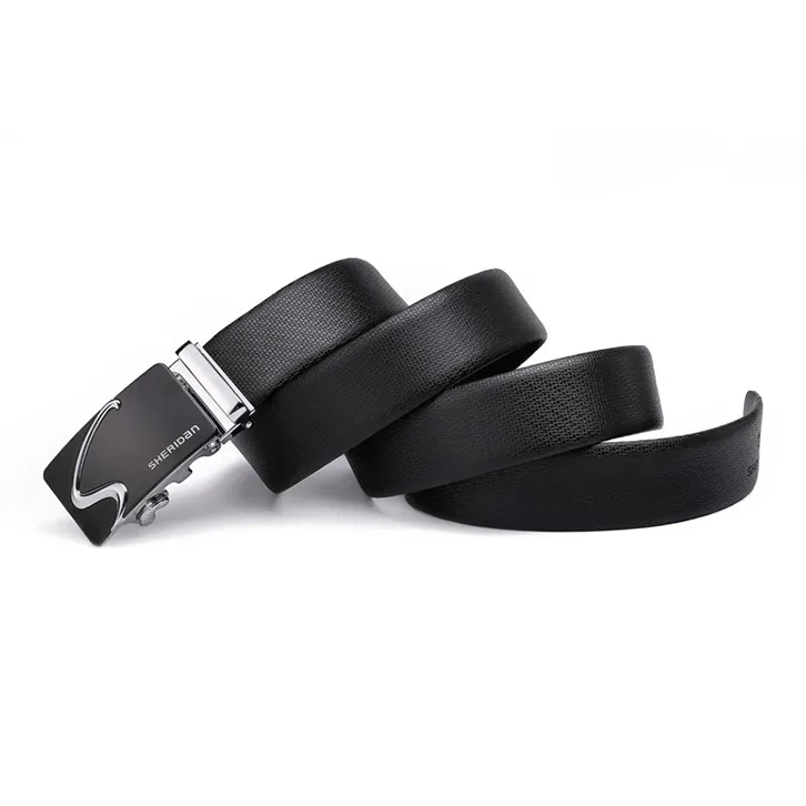 SHERIDan Business Commute Alloy Automatic Buckle Cow Leather Belts Men's Black 3.5CM-4