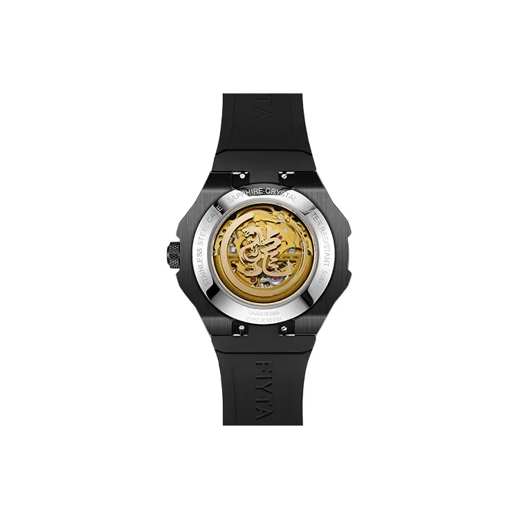 Fiyta Interstellar Series Automatic Mechanical Movement Silicone Strap Watch Men's Watches Gold Dial-3