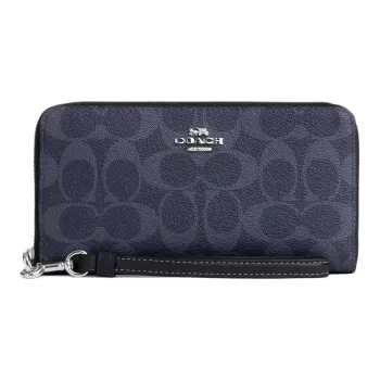 COACH Zip Around Coated Canvas With Smooth Leather Handheld Wallet Small Size Unisex Midnight Navy