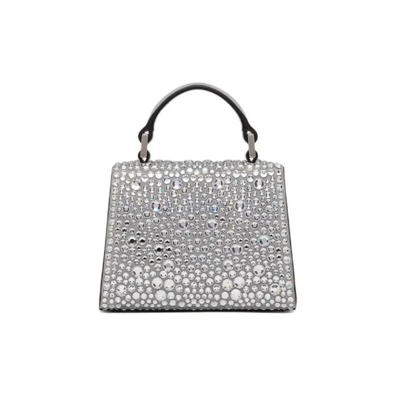 Valentino VSLING Embroidered Rhinestone Inlay Shoulder Bag Crossbody Bag Handbag Mini Women's Silver-4