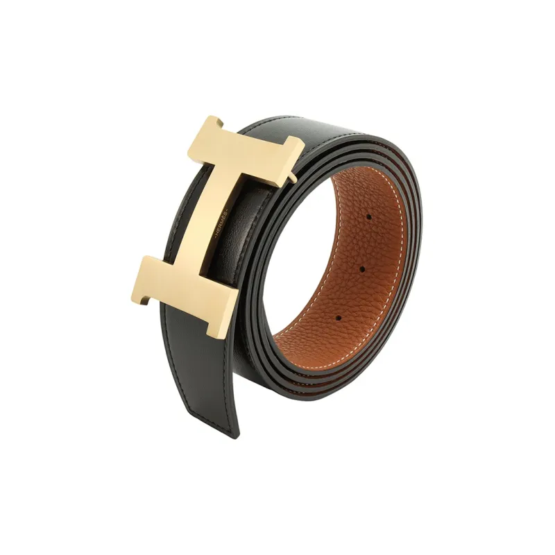 HERMES Togo Calfskin Leather Belts Men's Black/Gold Width 3.8cm-3