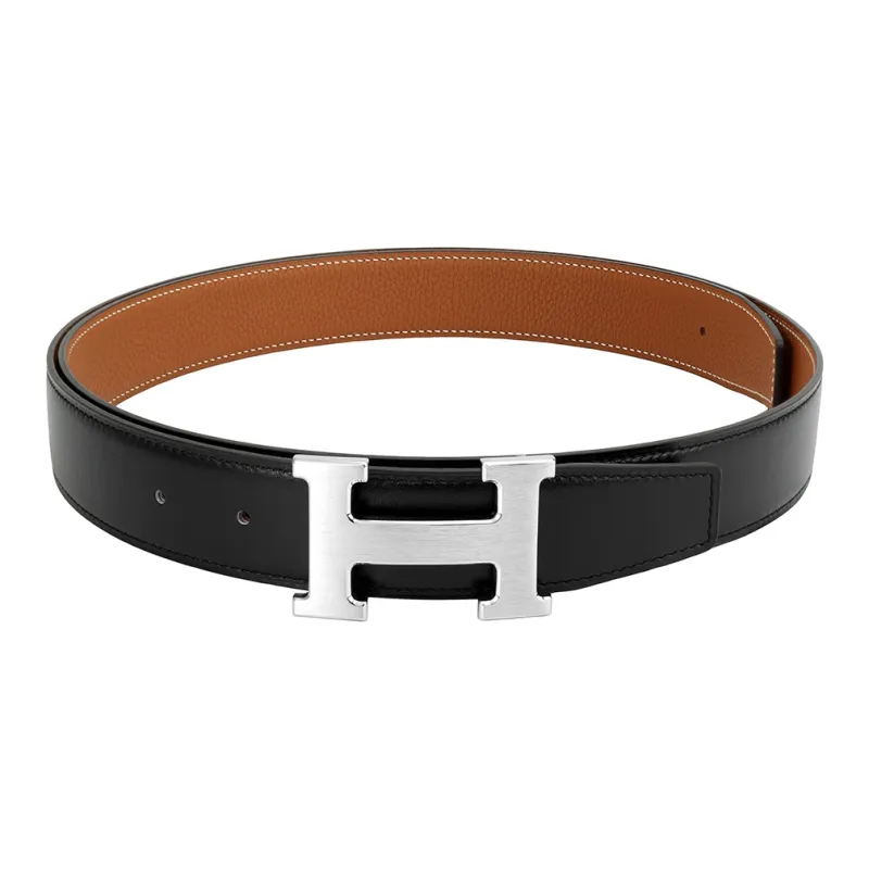 HERMES Classic Matte H Logo Silver Buckle Togo Calfskin Double-Sided Leather Belt Men's Black Brown Width: 3.2cm-3
