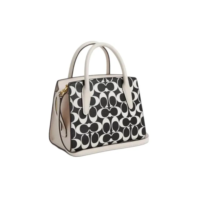COACH Canvas With Leather Tote Bag Shopping Bag Shoulder Bags Handbags Small Size Women's Black White-1