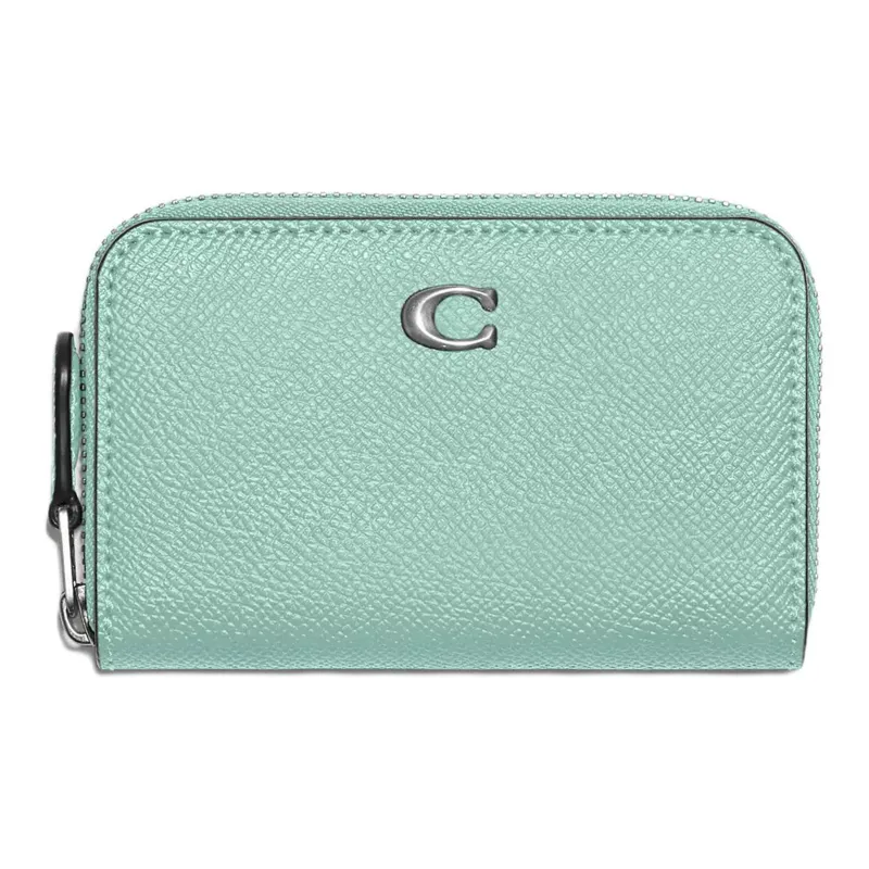 COACH Zip Around Cross-Stitch Leather Coin Purses Wallets Women's Silver & Faded Blue-0
