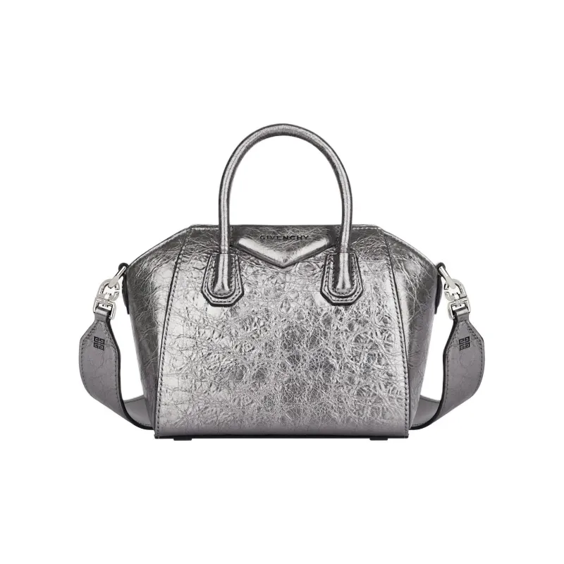 Givenchy Antigona Lambskin Shoulder Bag Crossbody Bag Handbag Mini Women's Silver Gray With Light Gray Accents-0
