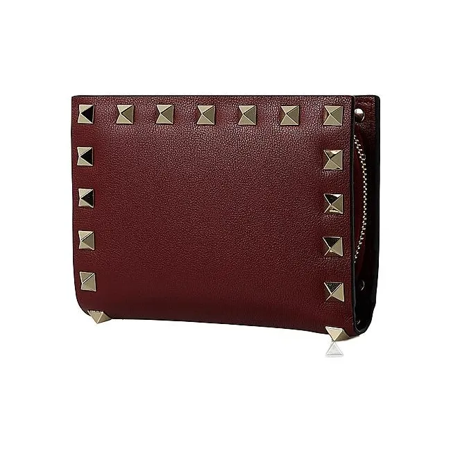 Valentino ROCKSTUD Cow Leather Wallet Small Size Women's Burgundy-1