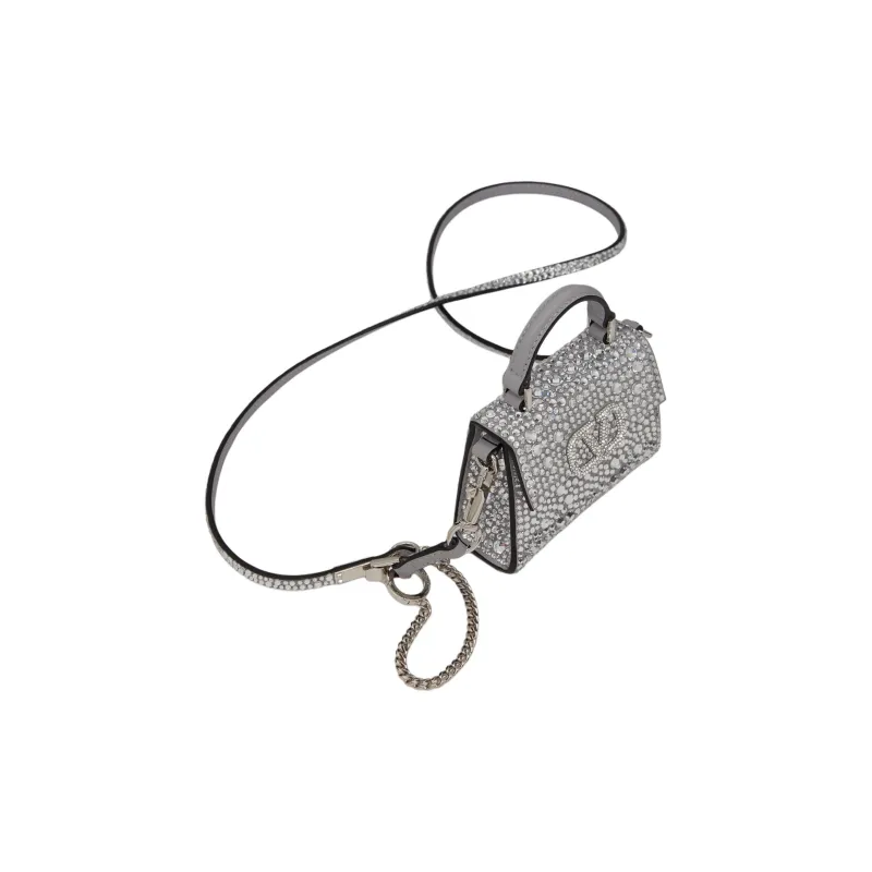 Valentino VSLING Embroidered Rhinestone Inlay Shoulder Bag Crossbody Bag Handbag Mini Women's Silver-2