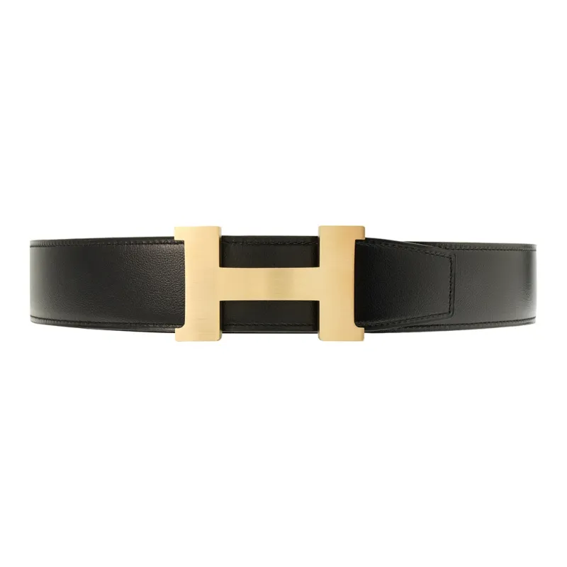 HERMES Togo Calfskin Leather Belts Men's Black/Gold Width 3.8cm-1