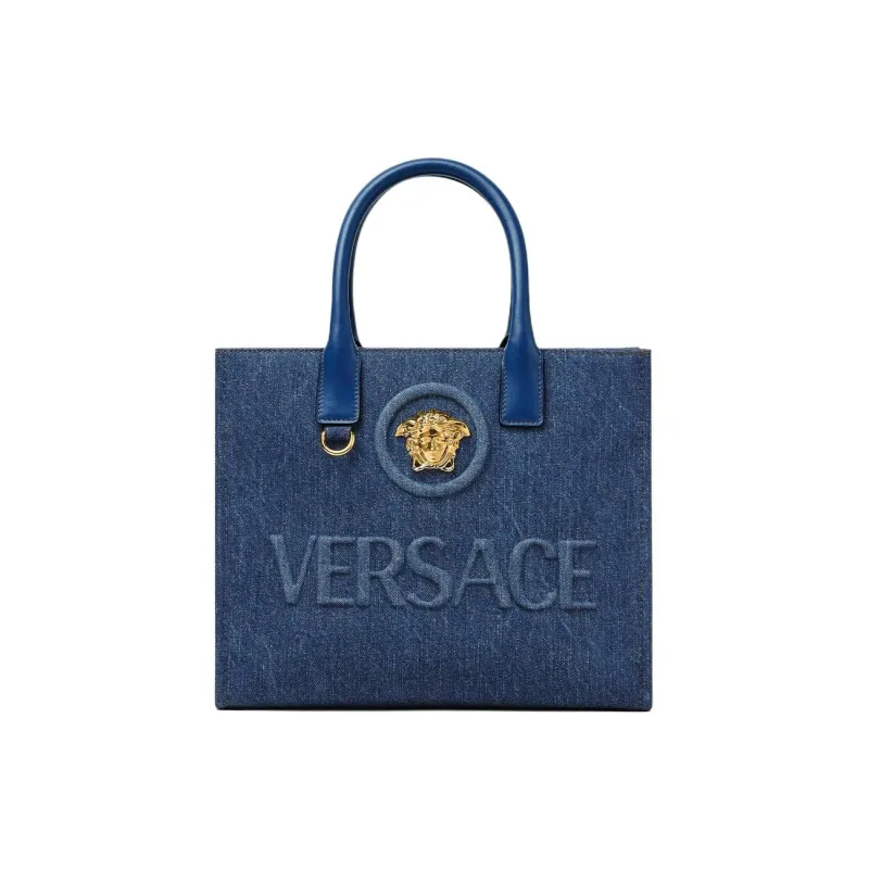 VERSACE La Medusa Denim Tote Bag Shopping Bag Shoulder Bag Crossbody Bag Handbag Small Size Women's Blue-0