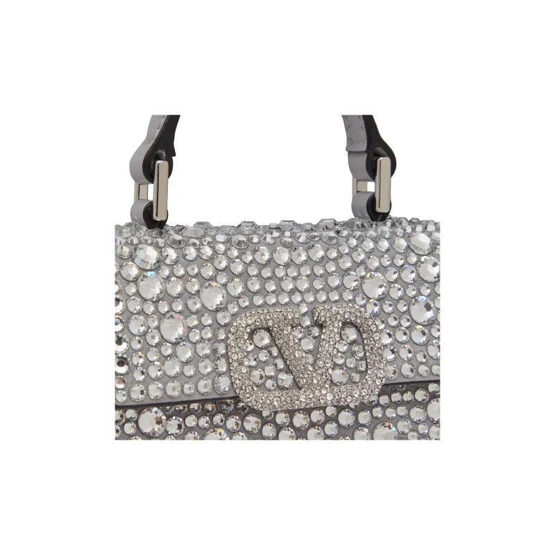 Valentino VSLING Embroidered Rhinestone Inlay Shoulder Bag Crossbody Bag Handbag Mini Women's Silver-5