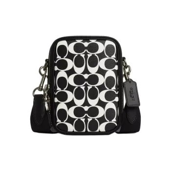 COACH Coated Canvas With Calfskin Camera Bag, Shoulder Bag, Crossbody Bag Mini Unisex Cannon Copper & Black & Chalk