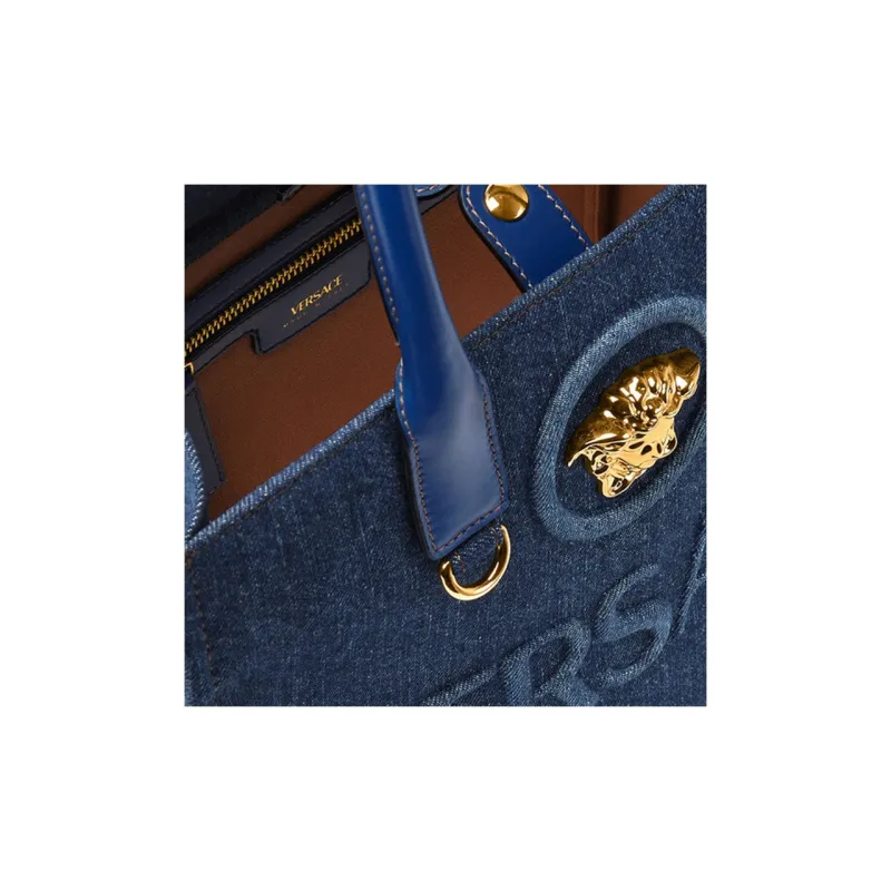 VERSACE La Medusa Denim Tote Bag Shopping Bag Shoulder Bag Crossbody Bag Handbag Small Size Women's Blue-3