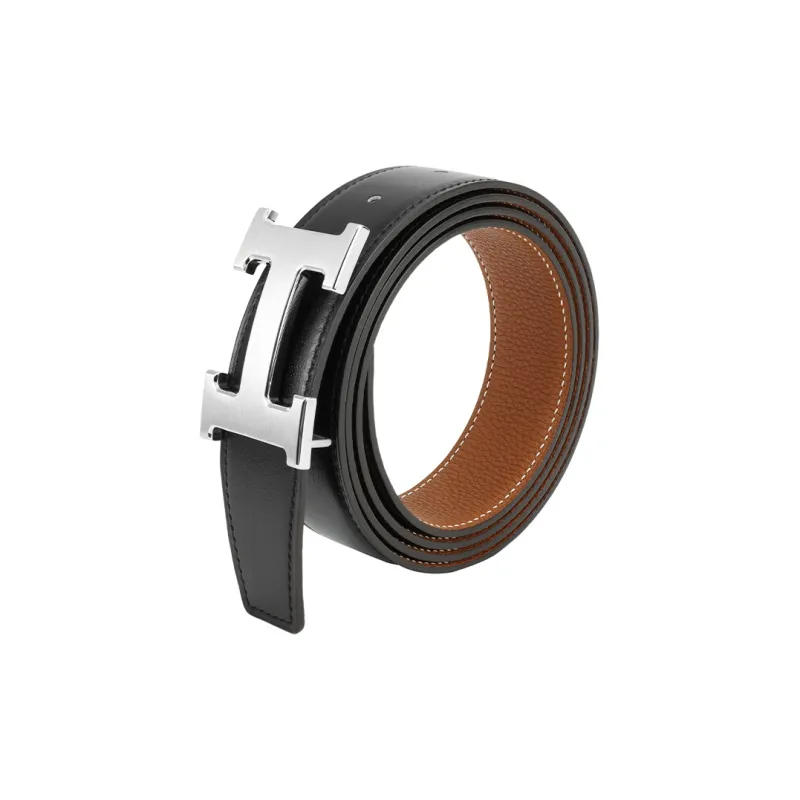 HERMES Classic Matte H Logo Silver Buckle Togo Calfskin Double-Sided Leather Belt Men's Black Brown Width: 3.2cm-4