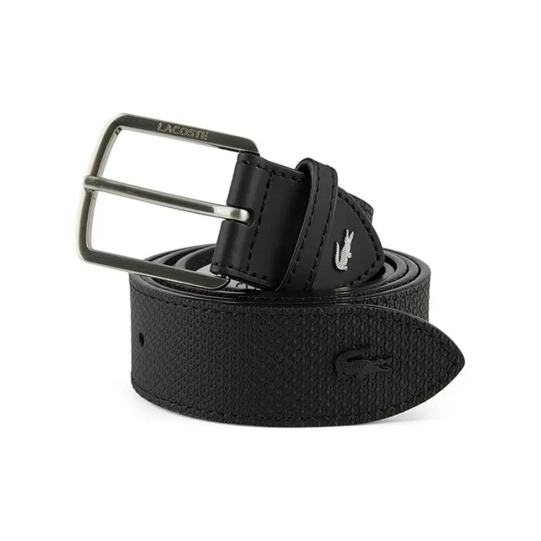 LACOSTE Logo Emblem Logo Decoration Pin Buckle Cow Split Leather Belts Men's Black Width 3CM-0