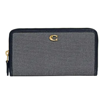 COACH Accordion Zip Canvas With Genuine Calfskin Wallet Small Size Women's Brass With Midnight Navy Color