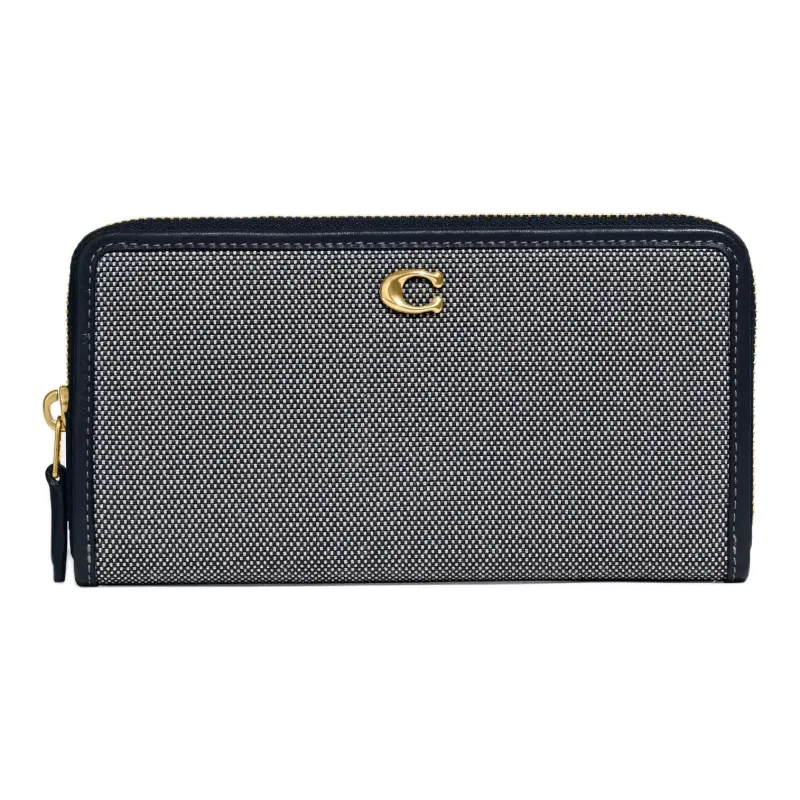 COACH Accordion Zip Canvas With Genuine Calfskin Wallet Small Size Women's Brass With Midnight Navy Color-0