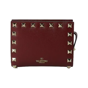 Valentino ROCKSTUD Cow Leather Wallet Small Size Women's Burgundy
