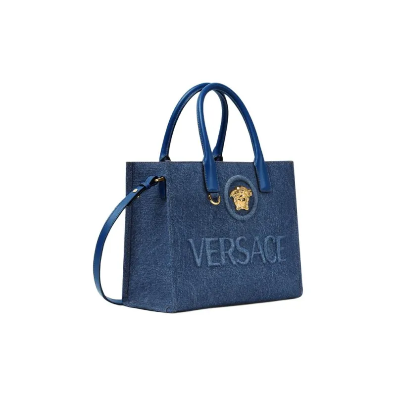 VERSACE La Medusa Denim Tote Bag Shopping Bag Shoulder Bag Crossbody Bag Handbag Small Size Women's Blue-1