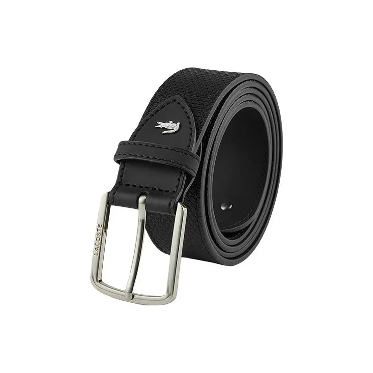 LACOSTE Logo Emblem Logo Decoration Pin Buckle Cow Split Leather Belts Men's Black Width 3CM-1