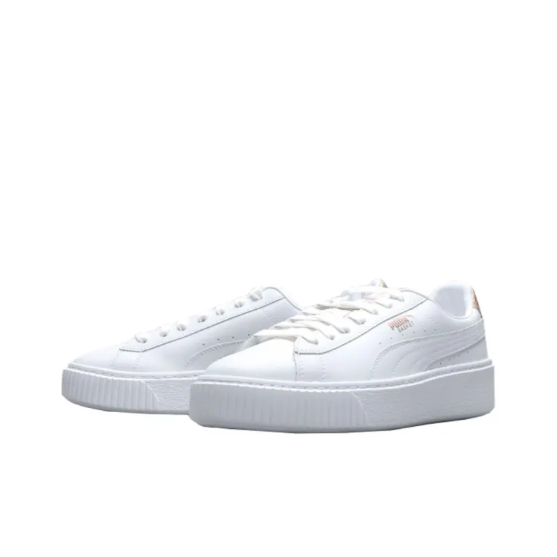 PUMA BASKET PLATFORM Slip Resistant Cushioning Low Top Skateboard Shoes Women's White Gold-1
