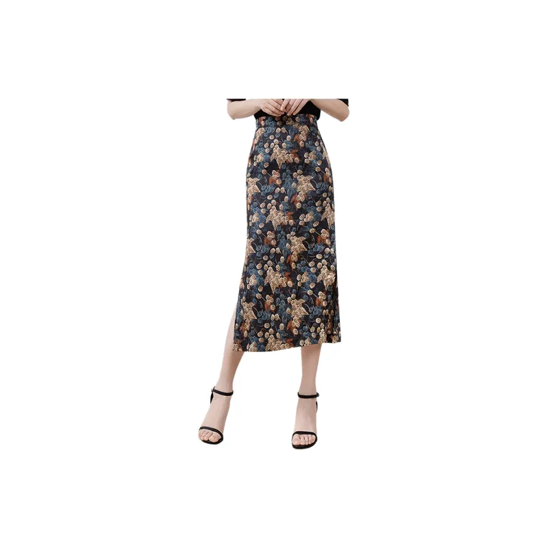 Cypress House Casual Long Skirts Women's Black Base With Beige And Blue Floral Pattern-1
