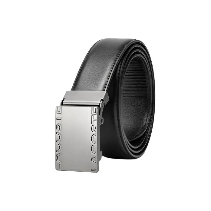 LACOSTE Letter Stamped Decoration Smooth Buckle Cow Split Leather Leather Belts Men's Black Width 3.5CM-1