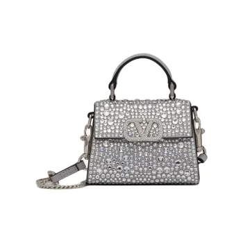 Valentino VSLING Embroidered Rhinestone Inlay Shoulder Bag Crossbody Bag Handbag Mini Women's Silver