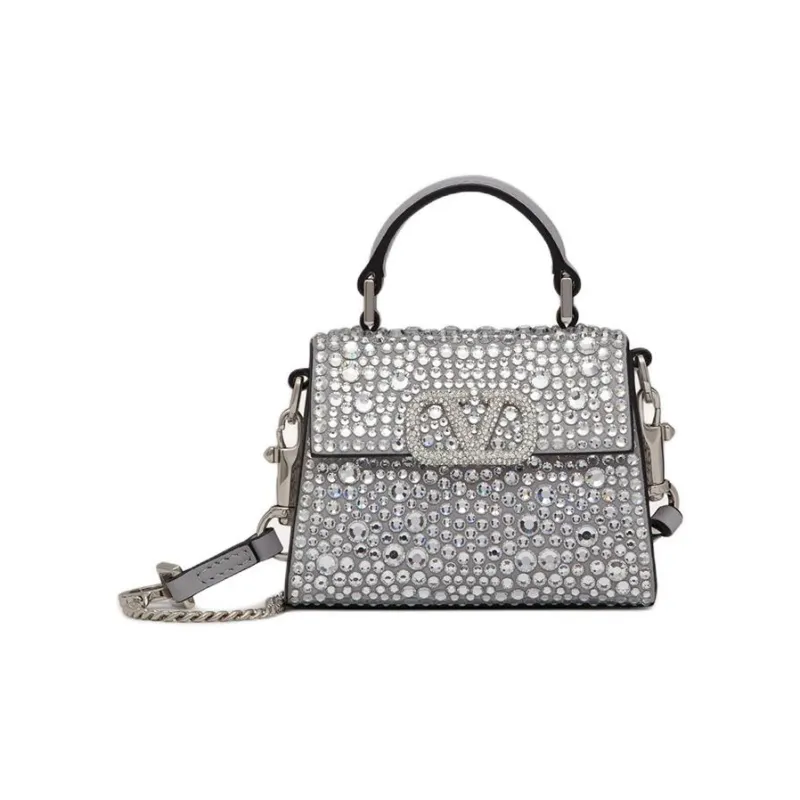 Valentino VSLING Embroidered Rhinestone Inlay Shoulder Bag Crossbody Bag Handbag Mini Women's Silver-0