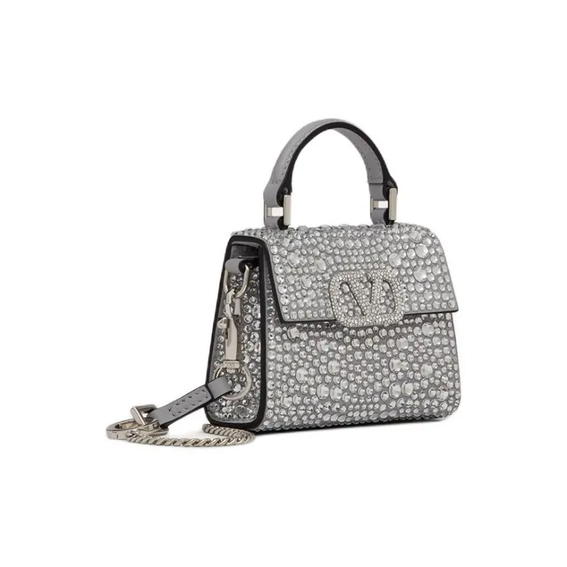 Valentino VSLING Embroidered Rhinestone Inlay Shoulder Bag Crossbody Bag Handbag Mini Women's Silver-1