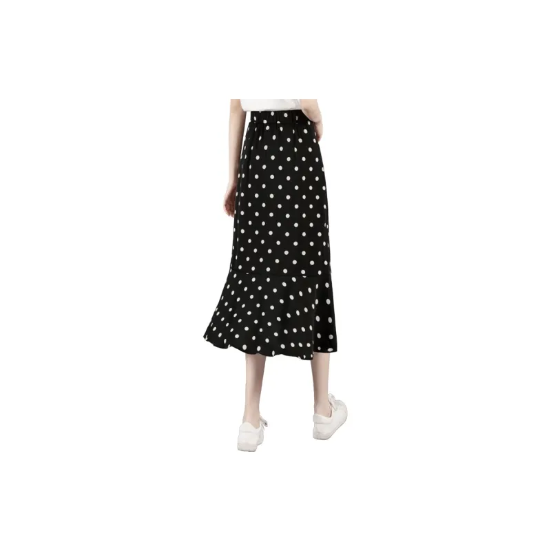 Cypress House Casual Long Skirt Women's Black With White Polka Dot-1