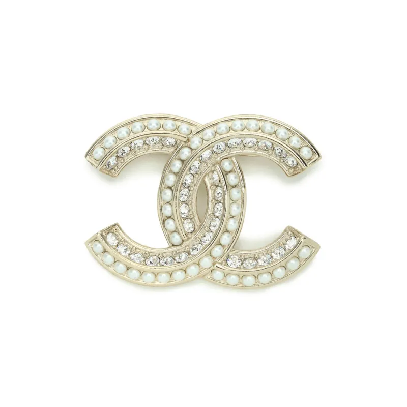 CHANEL Faux Pearl Faux Diamond Brooches Unisex Gold-0